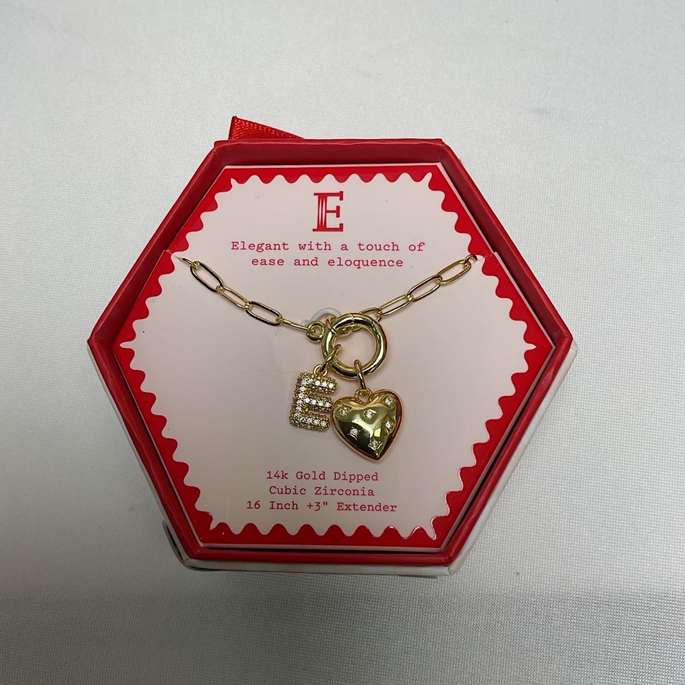 A new day - “E” Gold-Dipped Charm Necklace with Pavé 'E' and Heart Charm